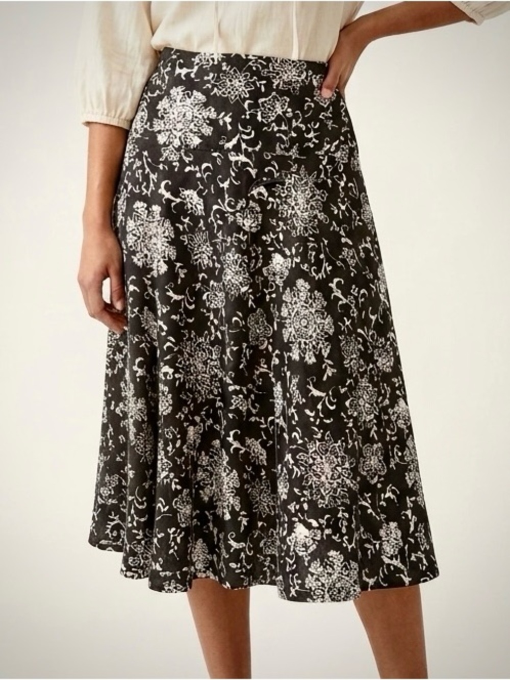 GAP 100% Linen Floral Midi Skirt Black/Off-White Size 4R